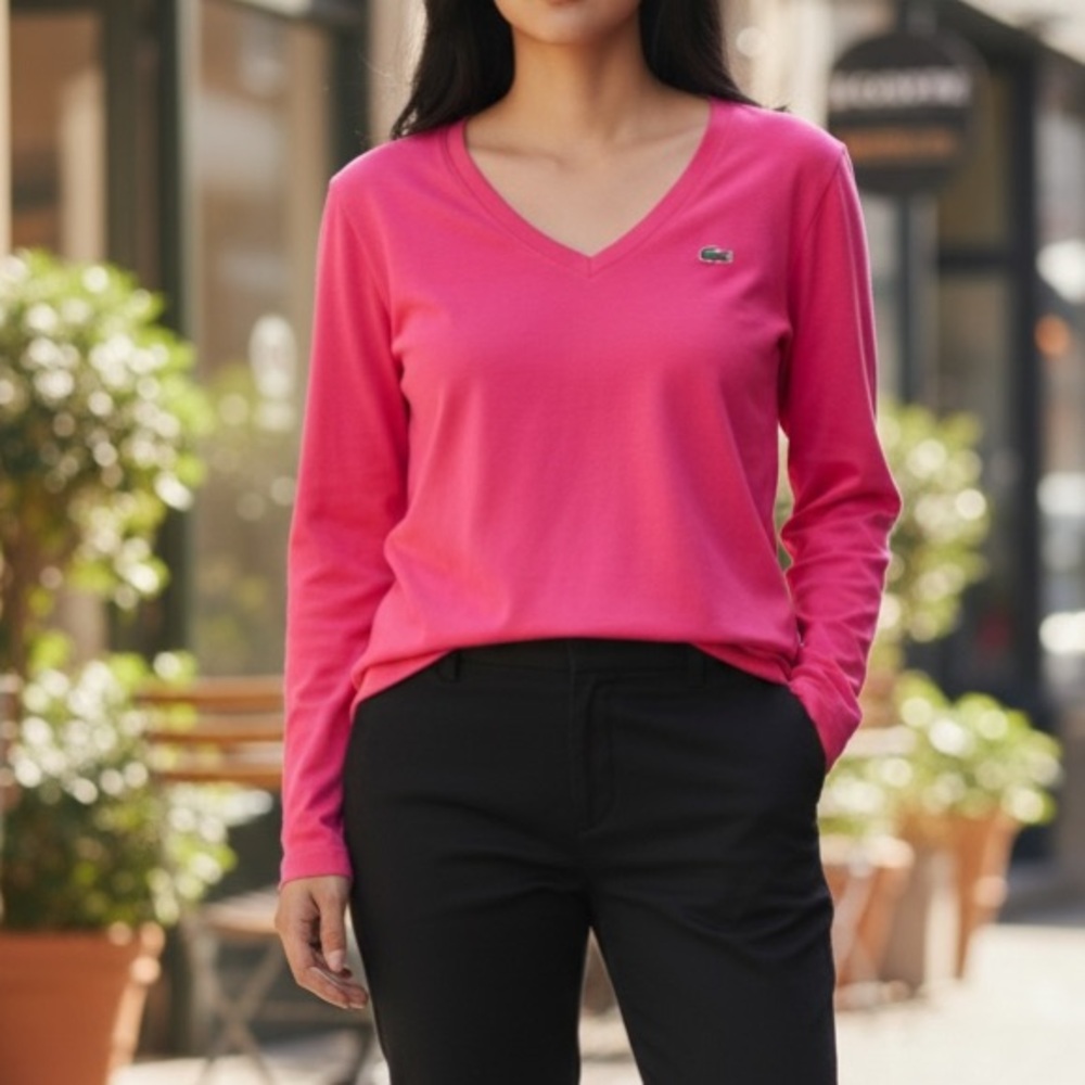 Lacoste Size 38 Small Pink V Neck Long Sleeve Stretchy Shirt B6